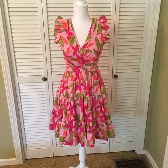 Taylor Dresses & Skirts - Taylor Floral Pink and Green Cotton Ruffle Dress Size XS